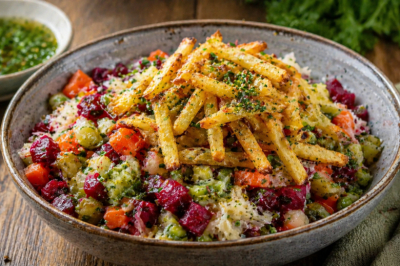 Винегрет с запеченной соломкой картошки: весенний вариант с заправкой из пучка зелени, оливкового масла и зернистой горчицы